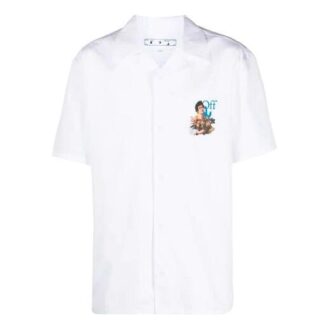 Camisa de pantalón corto con solapa y estampado, temporada primavera-verano 2021, corte entallado, color blanco