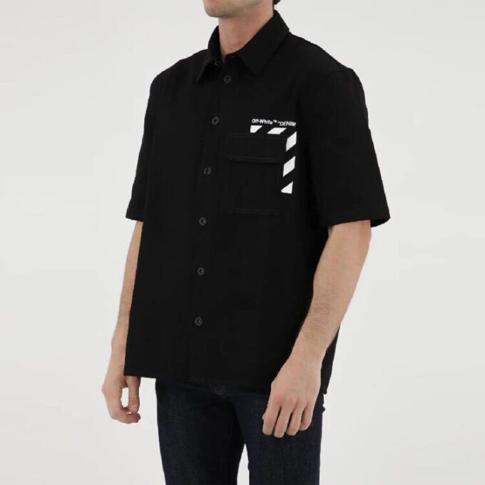 Camisa de pantalón corto de algodón estampada en color liso, negra