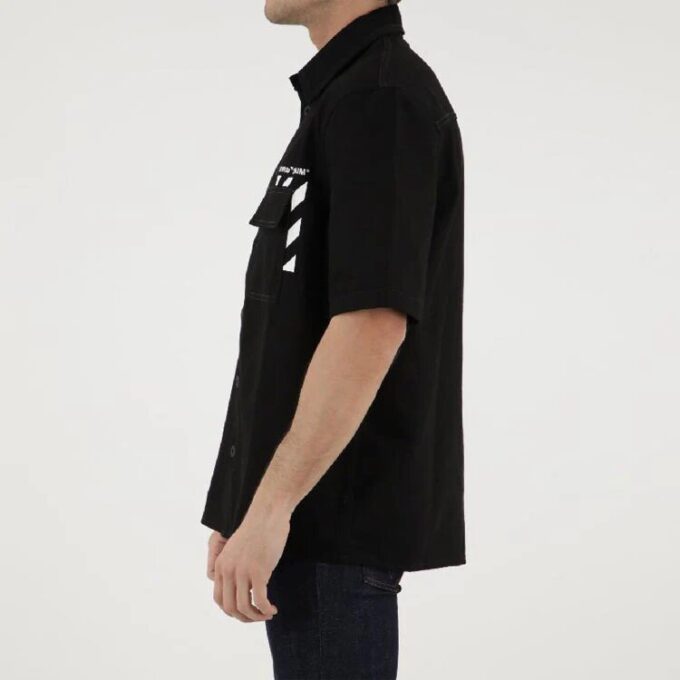 Camisa de pantalón corto de algodón estampada en color liso, negra