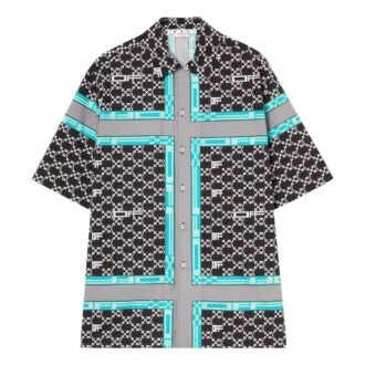 Camisa negra de manga corta holgada con solapa y estampado completo del logotipo clásico Off-White para hombre FW22