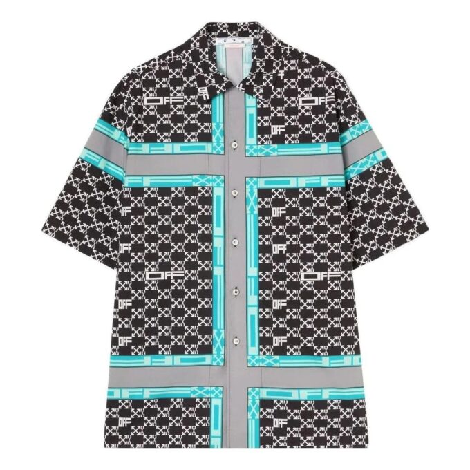 Camisa negra de manga corta holgada con solapa y estampado completo del logotipo clásico Off-White para hombre FW22