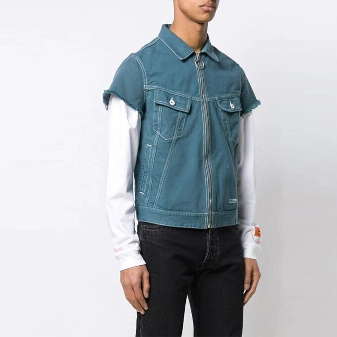 Camisas de Denim de manga corta con cremallera, corte holgado, azul