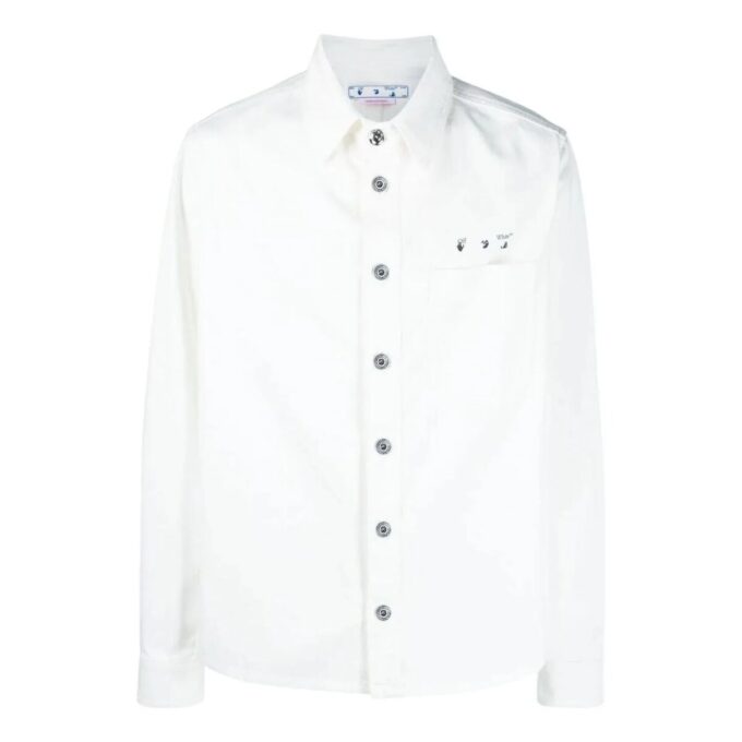 Camisas de hombre Off-White FW22 de corte holgado en Denim con estampado en la espalda, de un solo botonero, color blanco