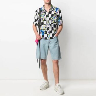 Camisas de manga corta con estampado de cuadros SS21, corte holgado, color blanco Camisas de manga corta con estampado de cuadros SS21, corte holgado, color blanco