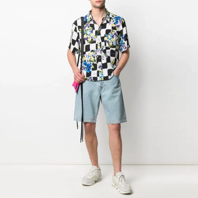 Camisas de manga corta con estampado de cuadros SS21, corte holgado, color blanco