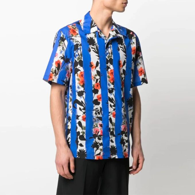 Camisas de manga corta con estampado de flores y rayas, versión azul, SS21