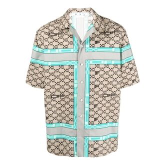 Camisas de manga corta Off-White para hombre, colección primavera-verano 2022, con estampado del logotipo en la solapa, color beige Camisas de manga corta Off-White para hombre, colección primavera-verano 2022, con estampado del logotipo en la solapa, color beige