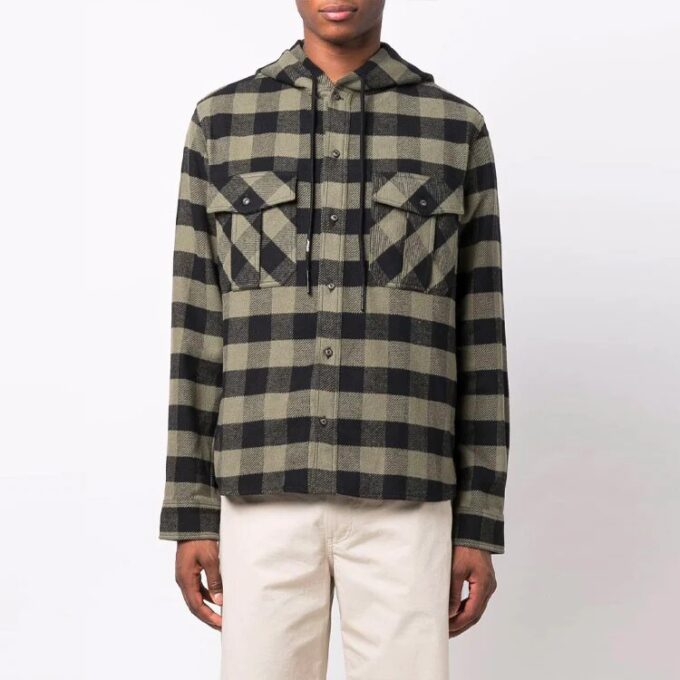 Camisas de manga larga con capucha y estampado de cuadros con logotipo de FW21, versión verde