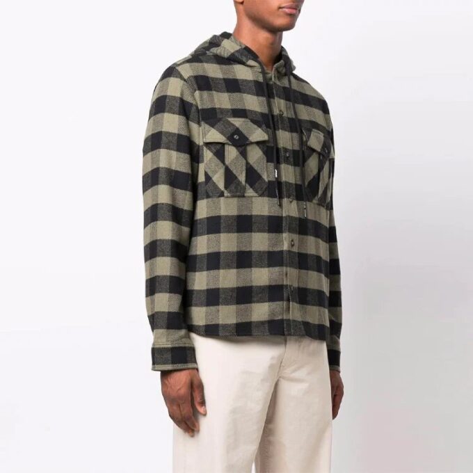 Camisas de manga larga con capucha y estampado de cuadros con logotipo de FW21, versión verde