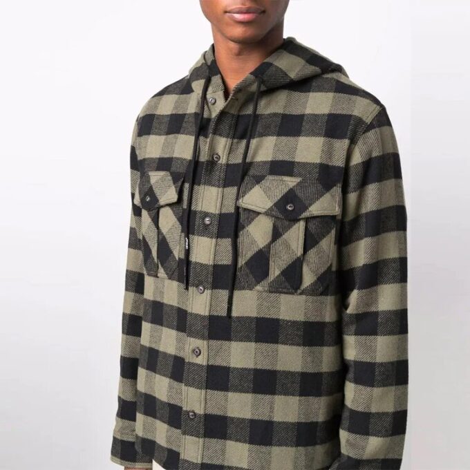 Camisas de manga larga con capucha y estampado de cuadros con logotipo de FW21, versión verde
