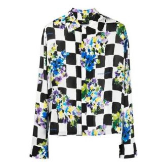 Camisas de manga larga con solapas a cuadros y estampado de flores, versión entallada, color negro