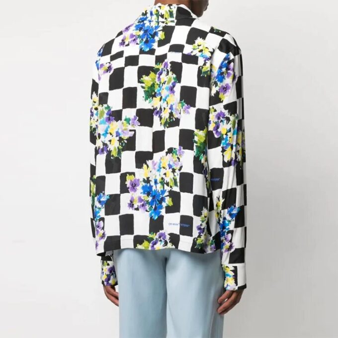 Camisas de manga larga con solapas a cuadros y estampado de flores, versión entallada, color negro