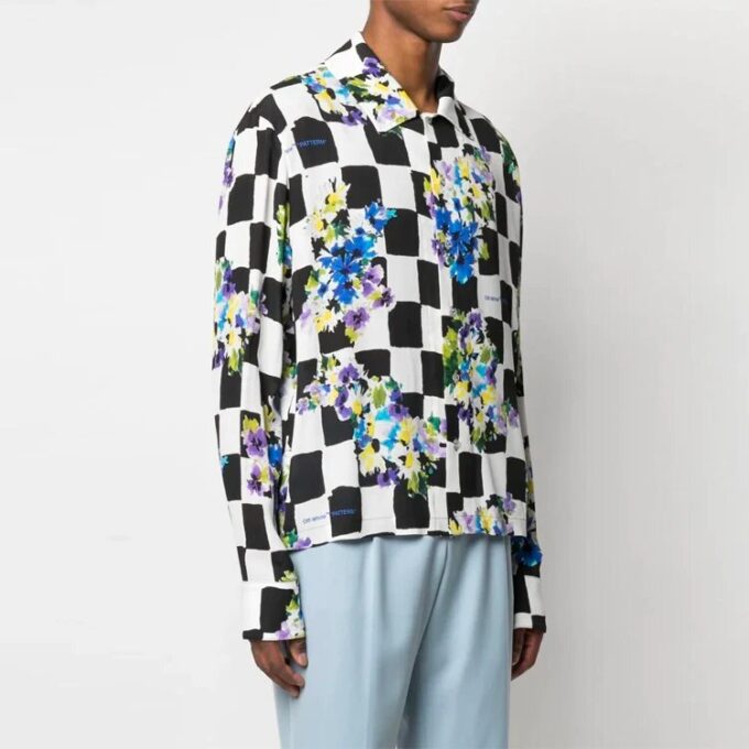 Camisas de manga larga con solapas a cuadros y estampado de flores, versión entallada, color negro