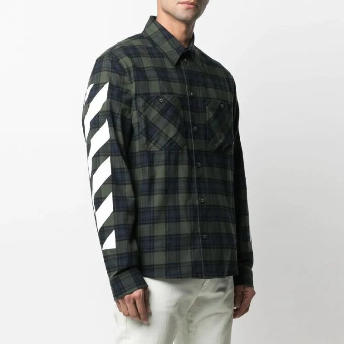 Camisas de manga larga de franela a cuadros con estampado de rayas SS21, verde