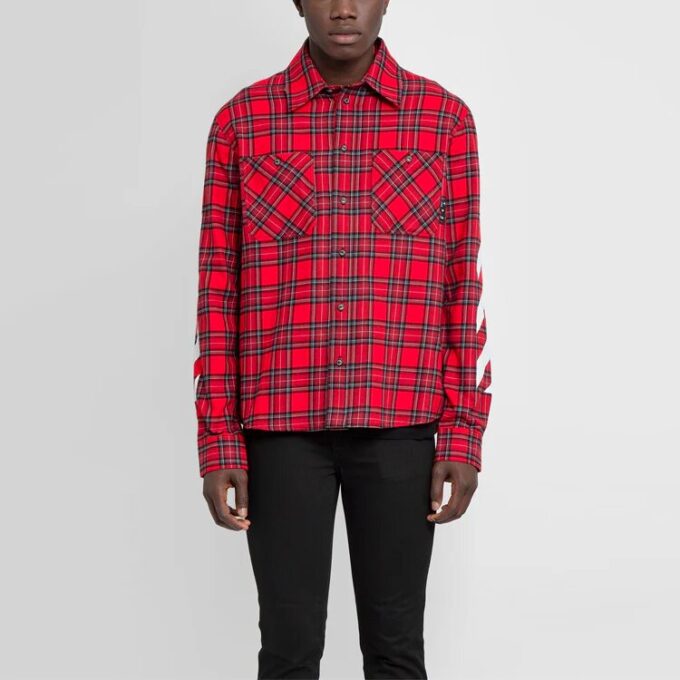 Camisas de manga larga de franela a cuadros de la colección SS21, corte holgado, color rojo