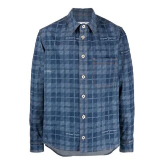 Camisas de manga larga de un solo botonero con estampado de logotipo en la espalda a cuadros Off-White para hombre, colección primavera-verano 2022, versión Ordinary, color azul