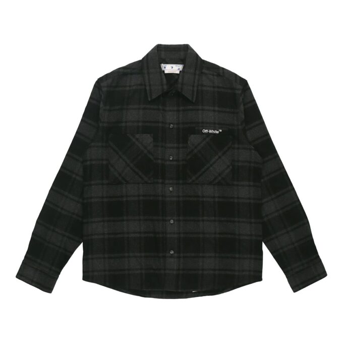 Camisas Off-White para hombre con logo, de franela a cuadros, manga larga y corte holgado, color gris