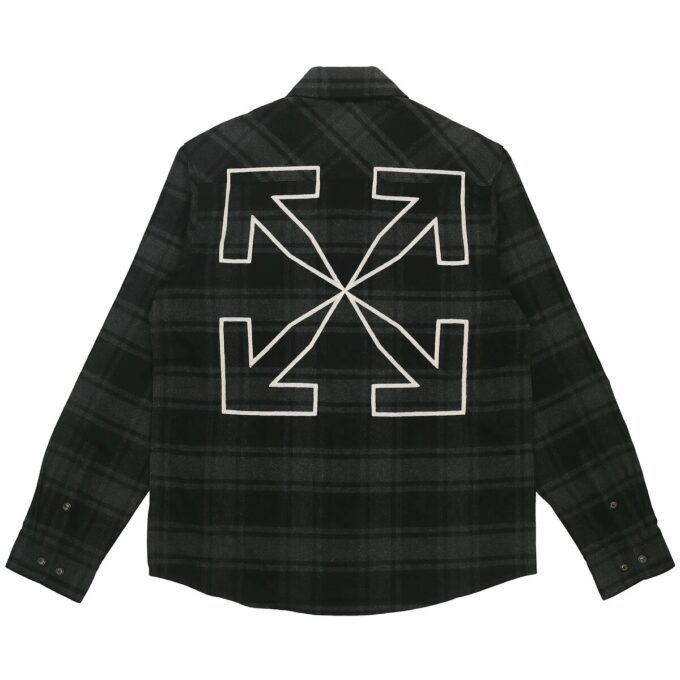 Camisas Off-White para hombre con logo, de franela a cuadros, manga larga y corte holgado, color gris