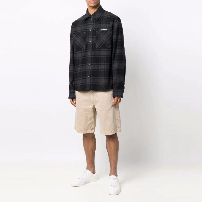Camisas Off-White para hombre con logo, de franela a cuadros, manga larga y corte holgado, color gris