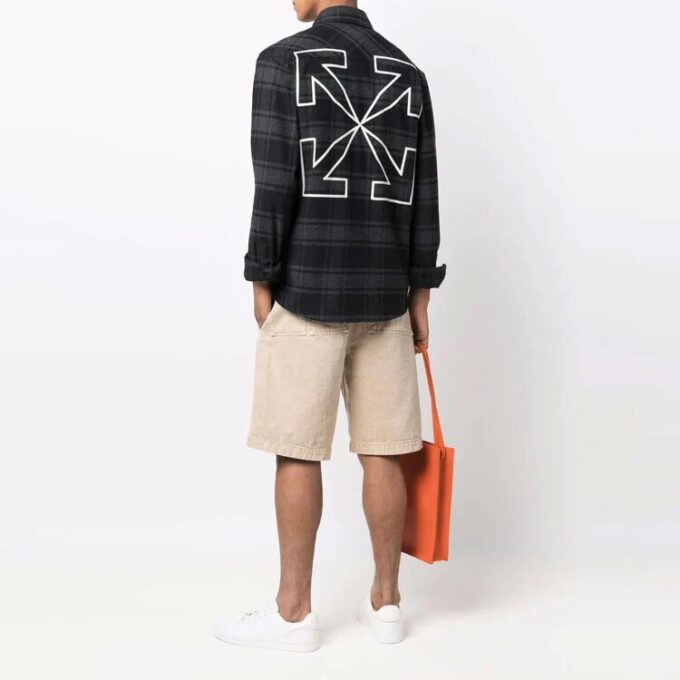 Camisas Off-White para hombre con logo, de franela a cuadros, manga larga y corte holgado, color gris