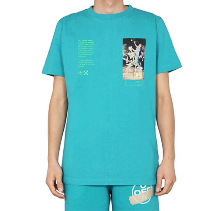 Camiseta azul de manga corta Off-White para hombre con estampado de personaje esquelético de Virgil Abloh, versión estándar