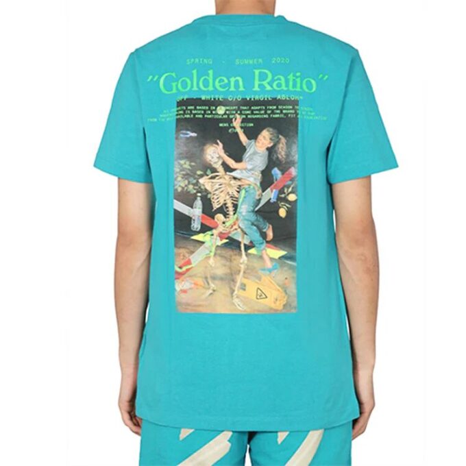 Camiseta azul de manga corta Off-White para hombre con estampado de personaje esquelético de Virgil Abloh, versión estándar