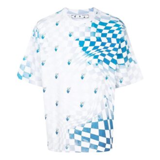 Camiseta azul de pantalón corto y cuello redondo con estampado de logotipo a cuadros Off-White para hombre, temporada Otoño-Invierno 2022, corte holgado
