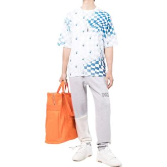 Camiseta azul de pantalón corto y cuello redondo con estampado de logotipo a cuadros Off-White para hombre, temporada Otoño-Invierno 2022, corte holgado