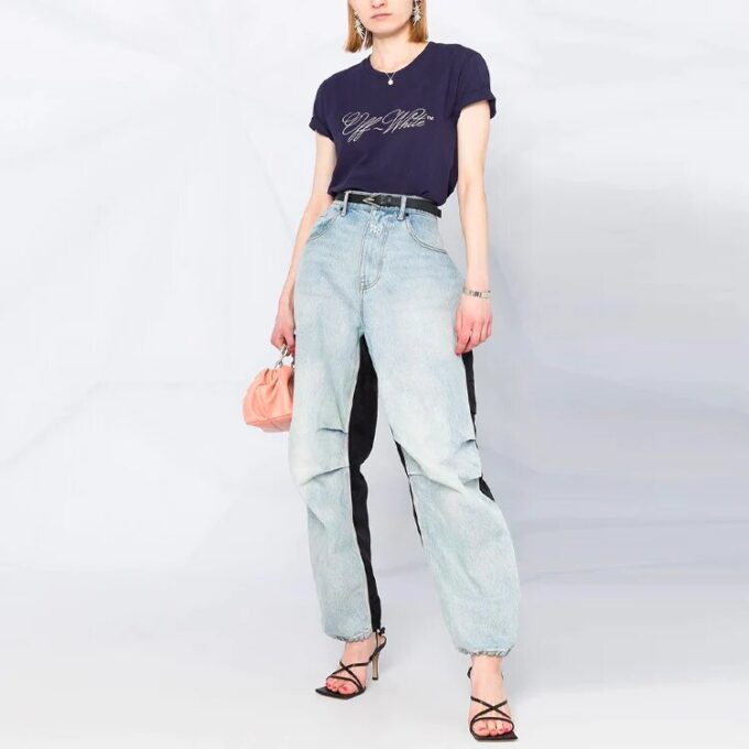 Camiseta azul marino de manga corta y corte ajustado con estampado del logotipo Off-White SS21