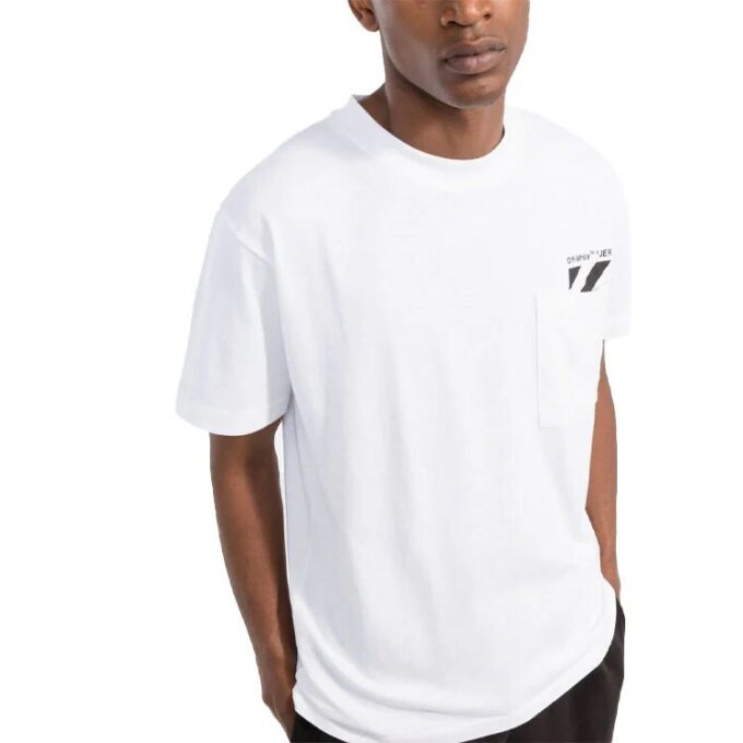 Camiseta blanca de manga corta con cuello redondo y bolsillo con rayas en el pecho para hombre de Off-White