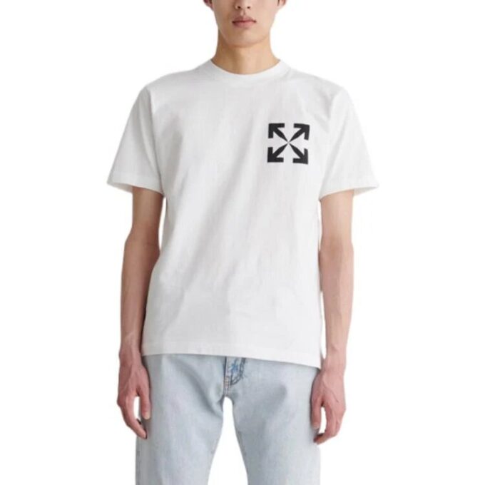 Camiseta blanca de manga corta con cuello redondo y estampado de flechas diagonales de Off-White para hombre, colección FW22