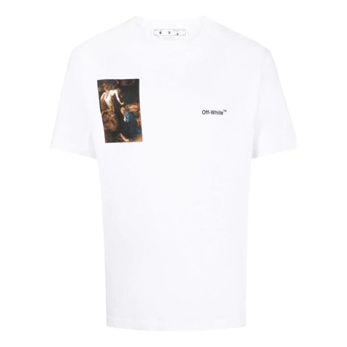 Camiseta blanca de manga corta con cuello redondo y estampado de personajes Off-White para hombre, colección FW22, versión estándar