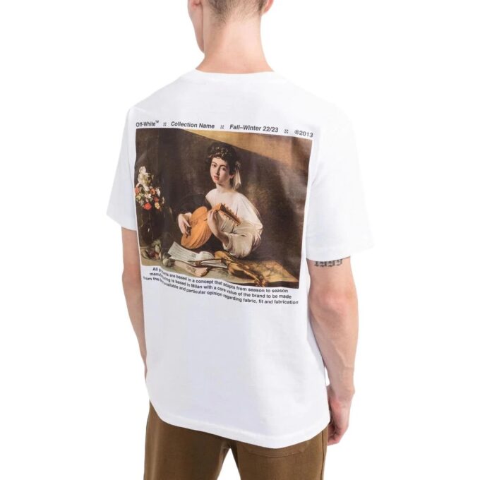 Camiseta blanca de manga corta con cuello redondo y estampado de personajes Off-White para hombre, colección FW22, versión estándar