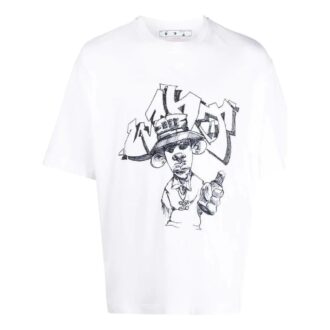 Camiseta blanca de manga corta y cuello redondo con estampado de dibujos animados para hombre Off-White FW22, corte holgado