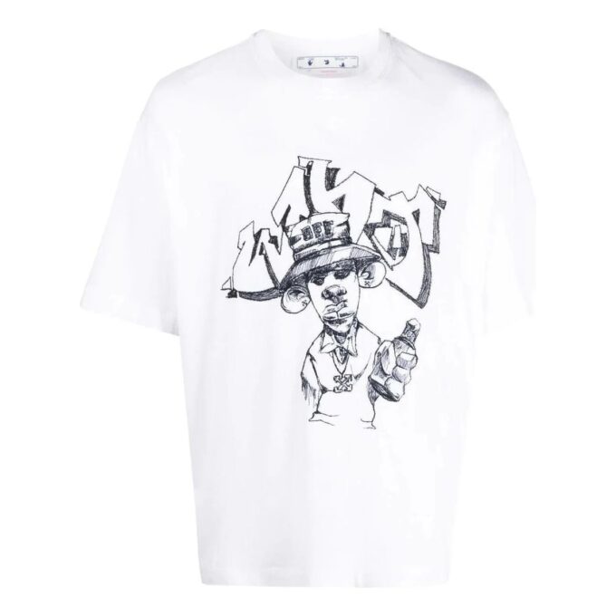 Camiseta blanca de manga corta y cuello redondo con estampado de dibujos animados para hombre Off-White FW22, corte holgado