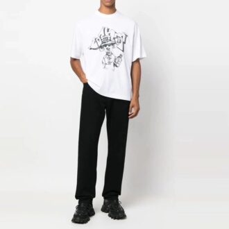 Camiseta blanca de manga corta y cuello redondo con estampado de dibujos animados para hombre Off-White FW22, corte holgado