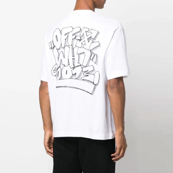 Camiseta blanca de manga corta y cuello redondo con estampado de dibujos animados para hombre Off-White FW22, corte holgado