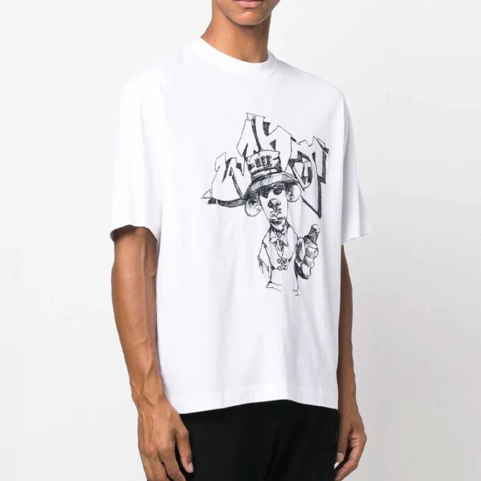 Camiseta blanca de manga corta y cuello redondo con estampado de dibujos animados para hombre Off-White FW22, corte holgado