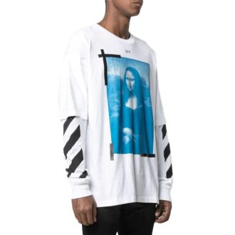 Camiseta blanca de manga larga con cuello redondo y corte holgado con estampado de la Mona Lisa de Off-White para hombre