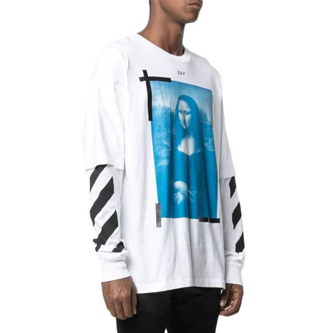 Camiseta blanca de manga larga con cuello redondo y corte holgado con estampado de la Mona Lisa de Off-White para hombre