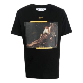 Camiseta casual de manga corta Off-White para hombre FW22 con estampado del personaje Caravaggio Arrow en negro