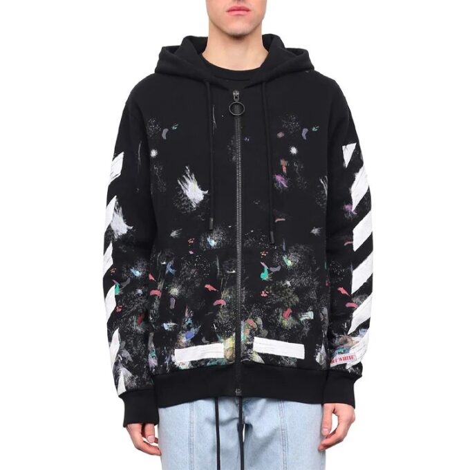 Camiseta con capucha y cremallera, estampado de flecha de graffiti, manga larga, versión estándar, negro