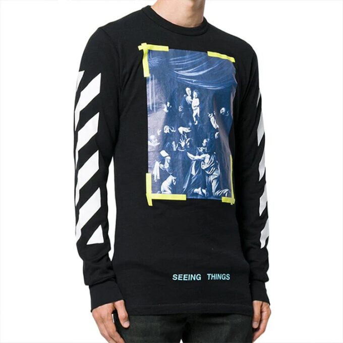 Camiseta con estampado en el pecho, manga larga, negro