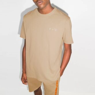 Camiseta de hombre Off-White x Browns con estampado del logotipo cruzado, cuello redondo y pantalones cortos, color caqui