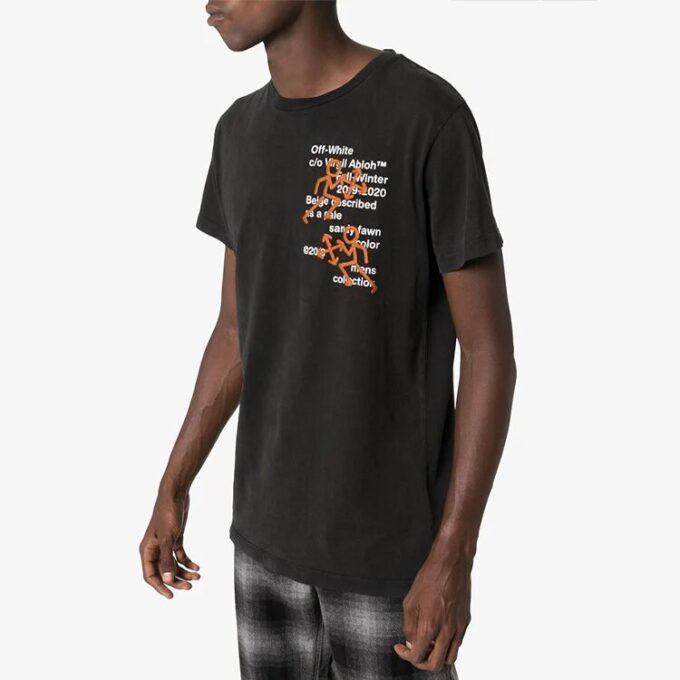 Camiseta de manga corta con estampado de flecha delgada y pictograma bordado, versión estándar, negro