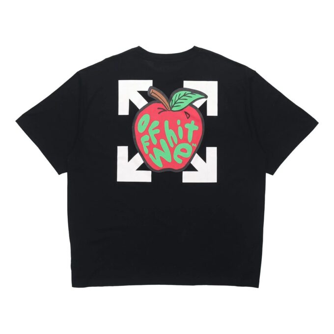 Camiseta de manga corta con estampado de manzana y flecha, corte holgado, negro
