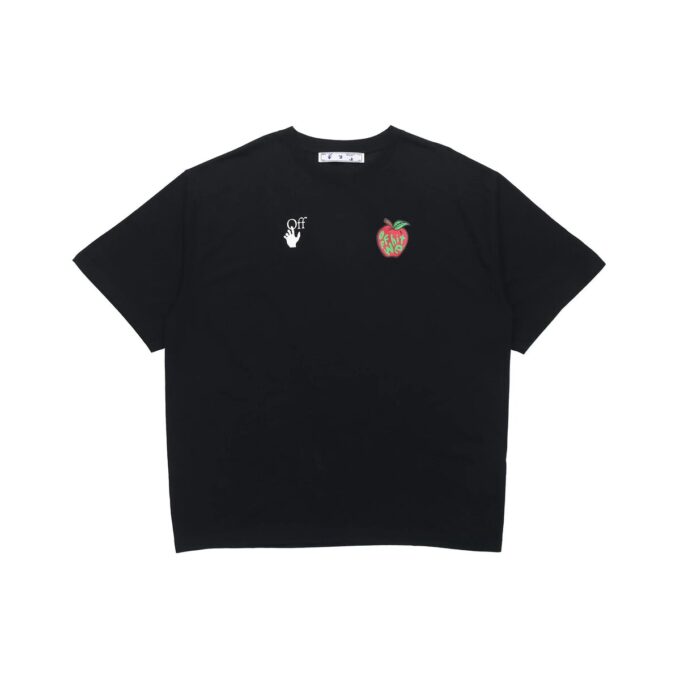 Camiseta de manga corta con estampado de manzana y flecha, corte holgado, negro