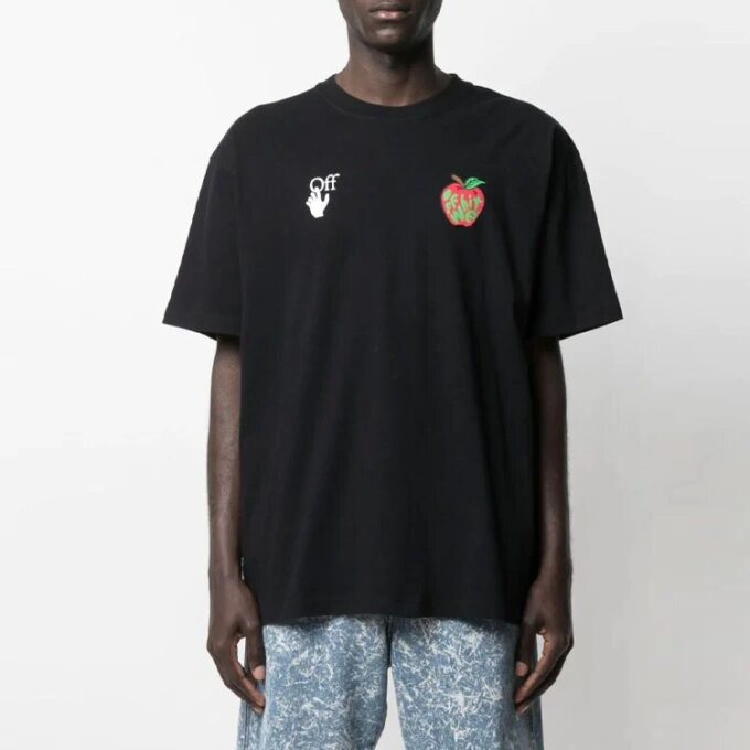 Camiseta de manga corta con estampado de manzana y flecha, corte holgado, negro