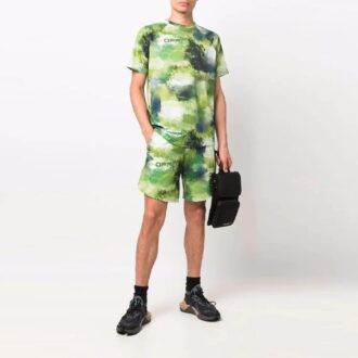 Camiseta de manga corta holgada con estampado de letras y efecto tie-dye, color verde, pantalones cortos, colección SS21 Camiseta de manga corta holgada con estampado de letras y efecto tie-dye, color verde, pantalones cortos, colección SS21