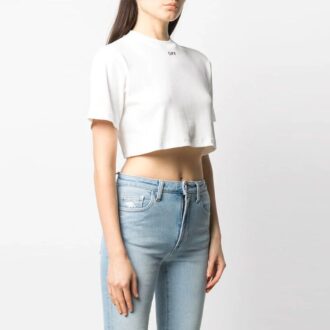 Camiseta de manga corta holgada con logo Off-White y cuello acanalado, color blanco